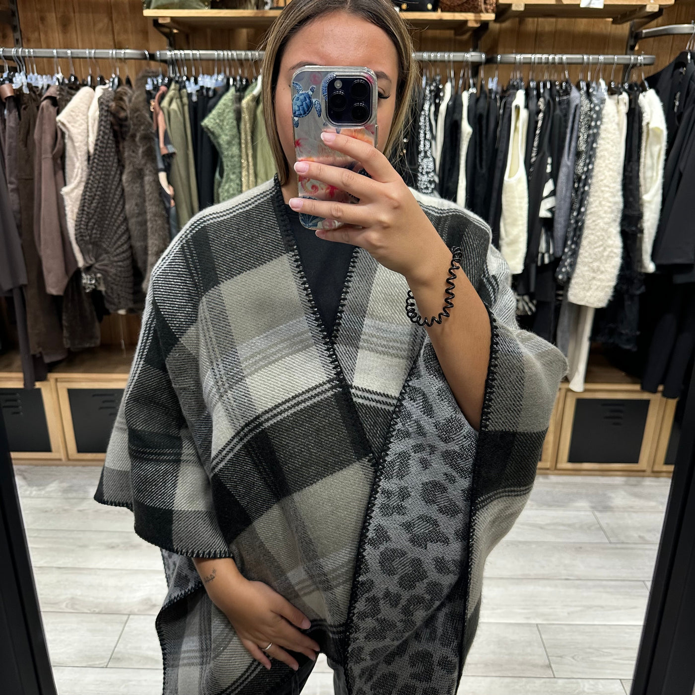 Poncho Pieces à carreaux et intérieur imprimé léopard