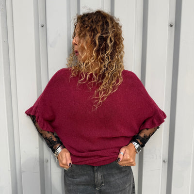 Pull Flora bordeaux à manches chauves souris et col bateau