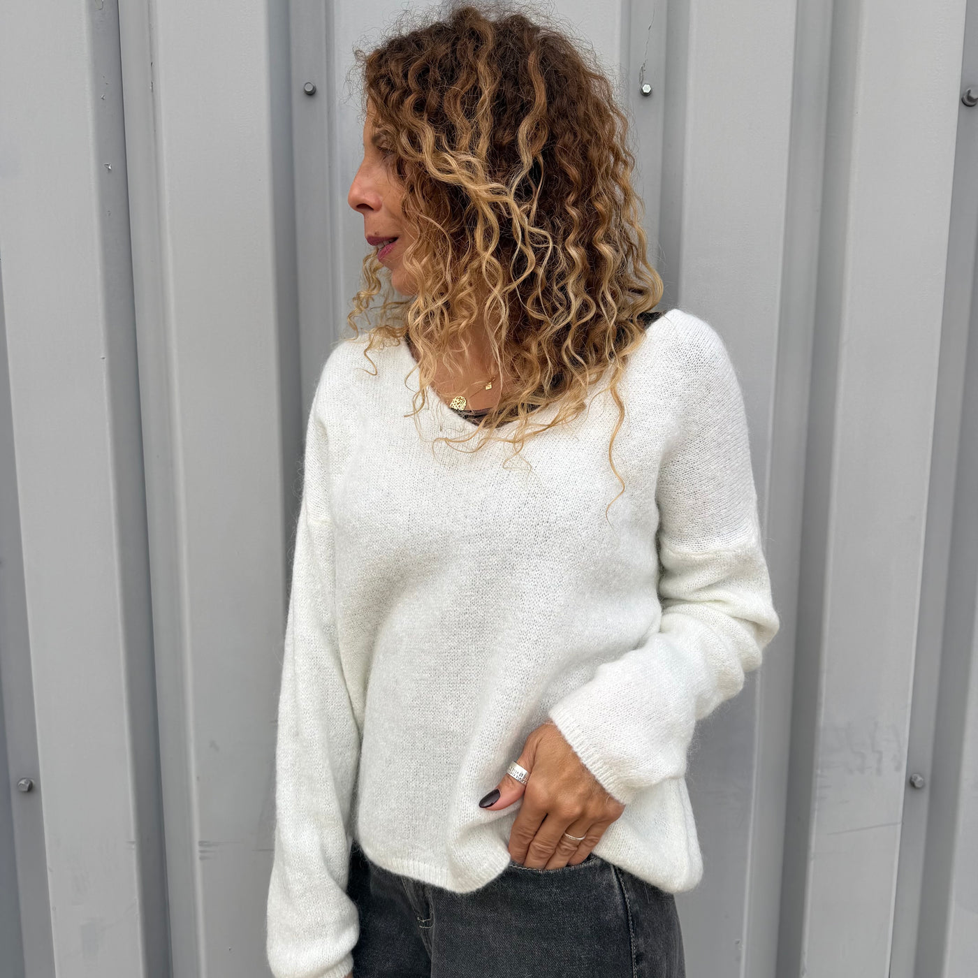 Pull col V en mohair Blanc