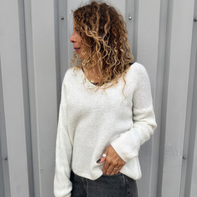Pull col V en mohair Blanc