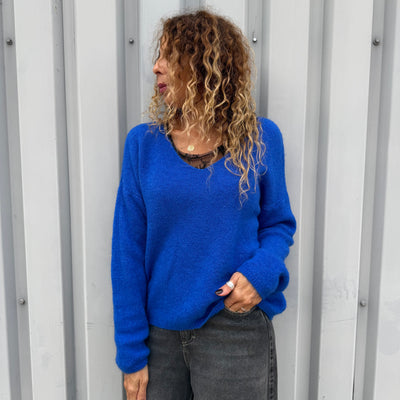Pull col V en mohair Bleu