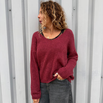 Pull col V en mohair Bordeaux 