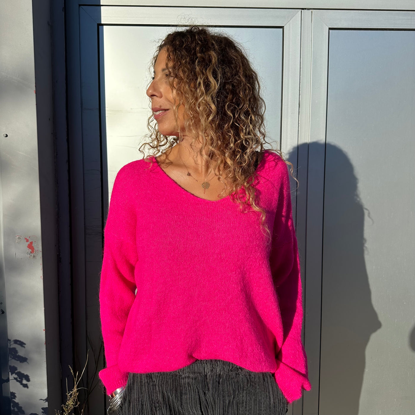 Pull_col_V_en_mohair Fushia