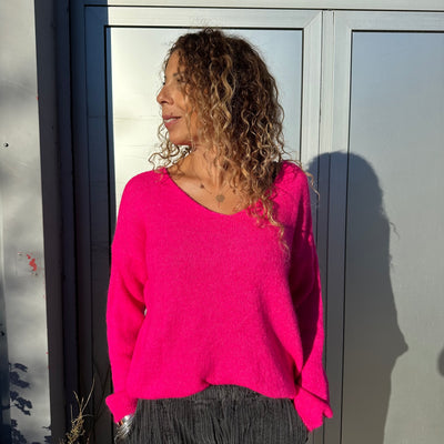 Pull_col_V_en_mohair Fushia