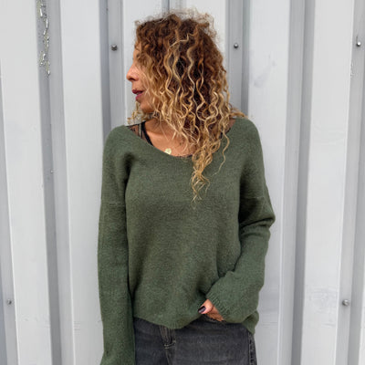Pull col V en mohair Kaki