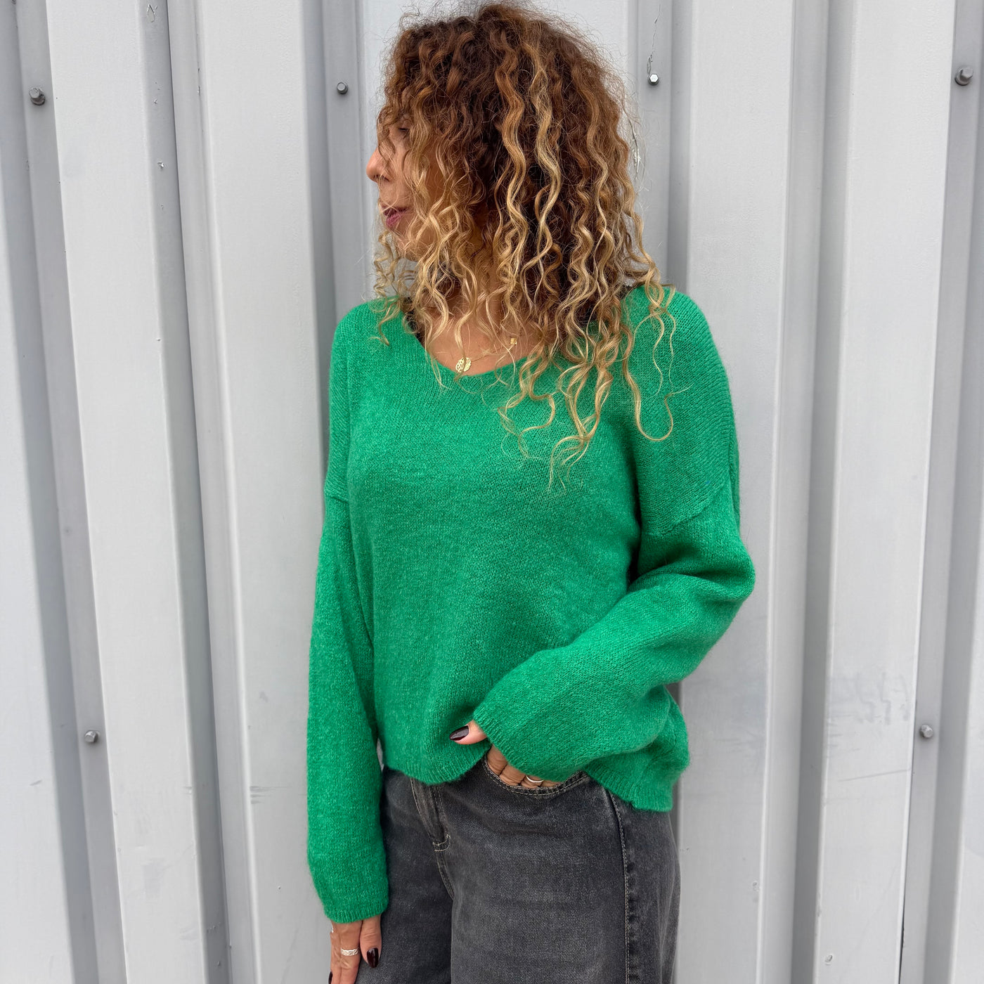Pull col V en mohair Vert