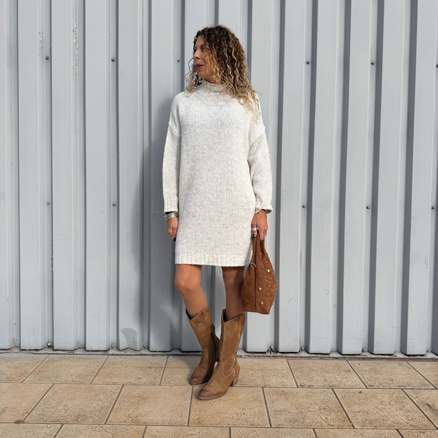 Robe pull en maille Écru