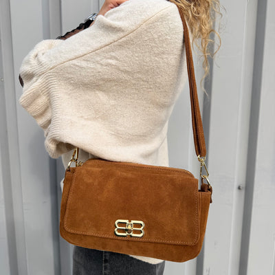 Sac BB Bandoulière Suédine Camel – Fermoir Doré BB