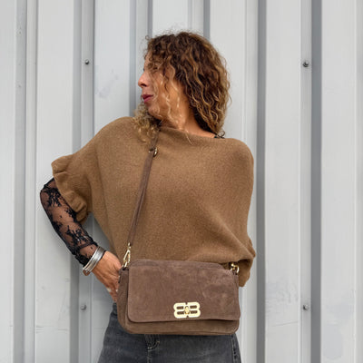Sac BB Bandoulière Suédine Marron – Fermoir Doré BB