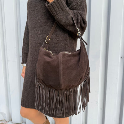 Sac Carole en suédine à Franges marron chocolat