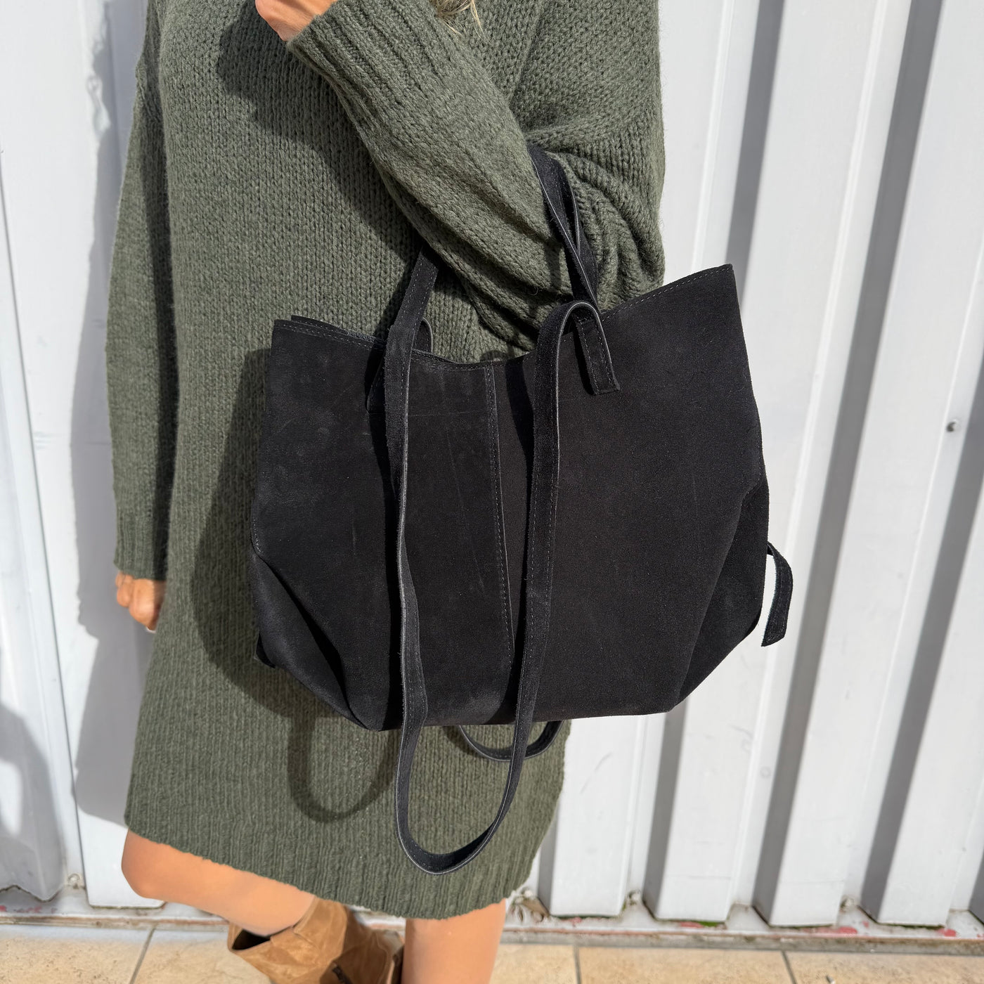 Sac Maria mini Cabas Suédine Noir + Pochette Amovible