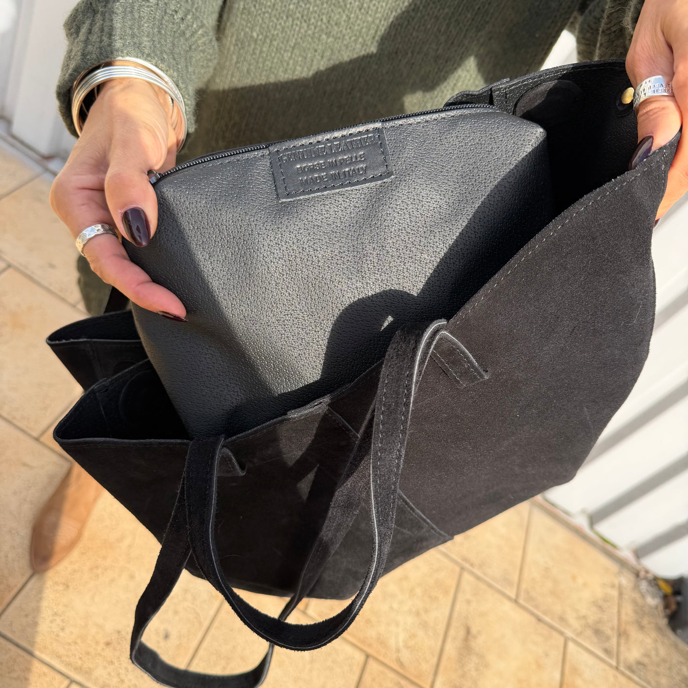 Sac Maria mini Cabas Suédine Noir + Pochette Amovible