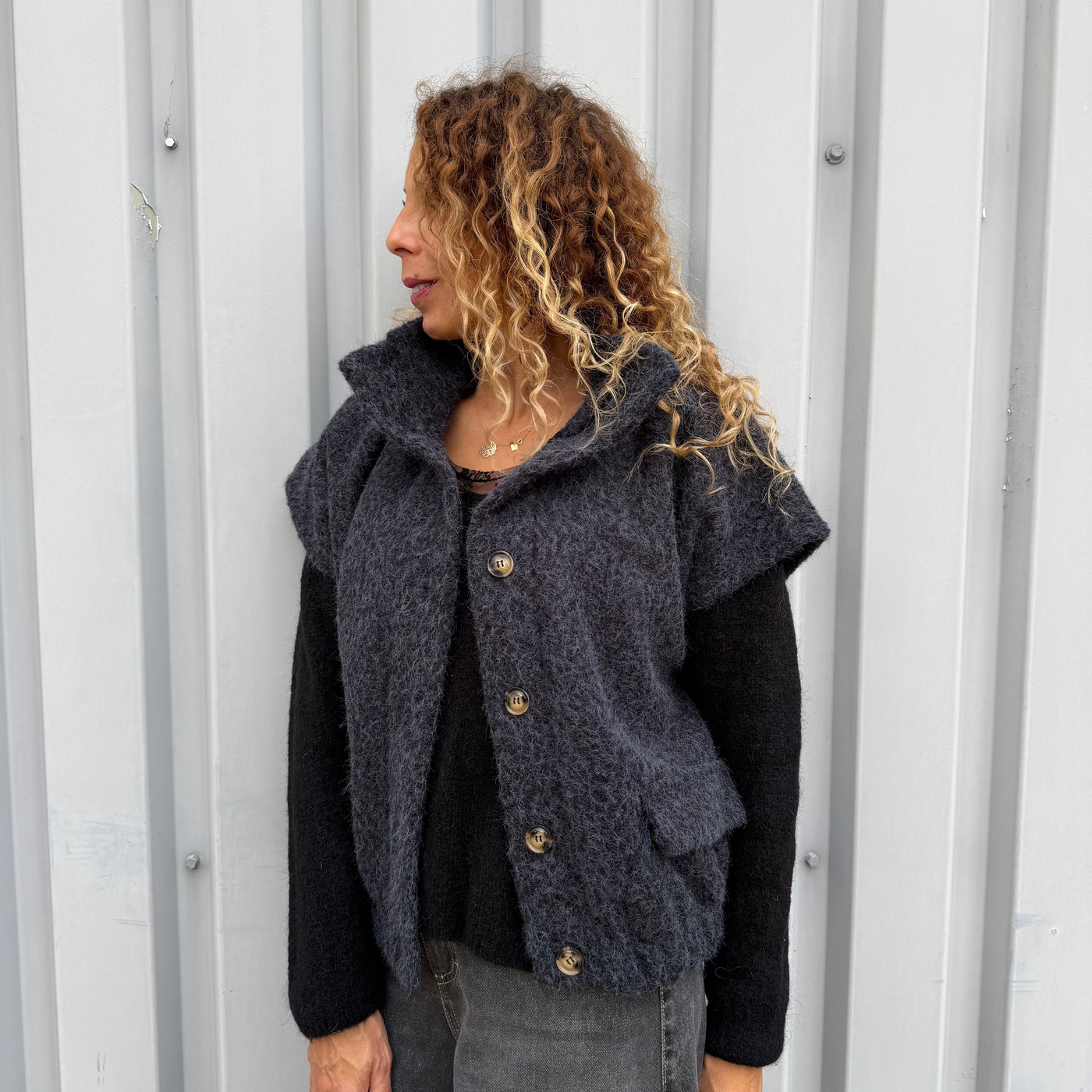 Veste Lyli Sans Manches en Maille Bouclée Gris anthracite 