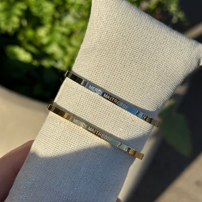 bracelet jonc rigide en acier inoxydable doré et argenté gravé merci maîtresse
