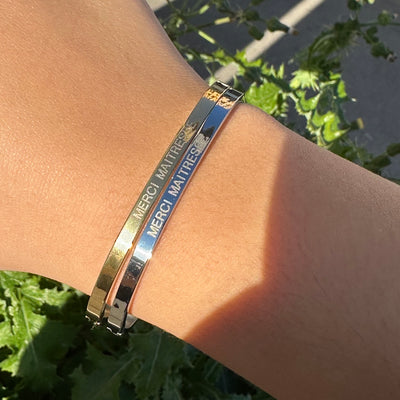 bracelet jonc rigide en acier inoxydable doré et argenté gravé merci maîtresse