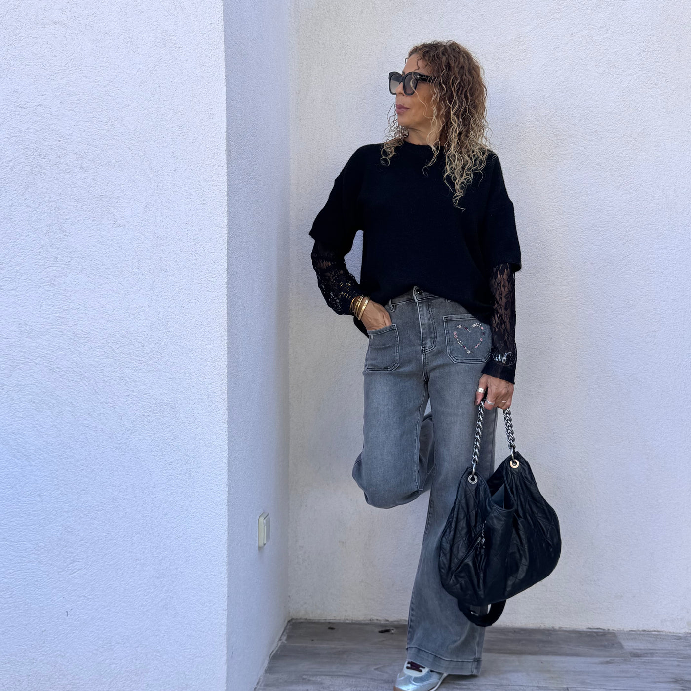 Jeans Coeur gris délavé