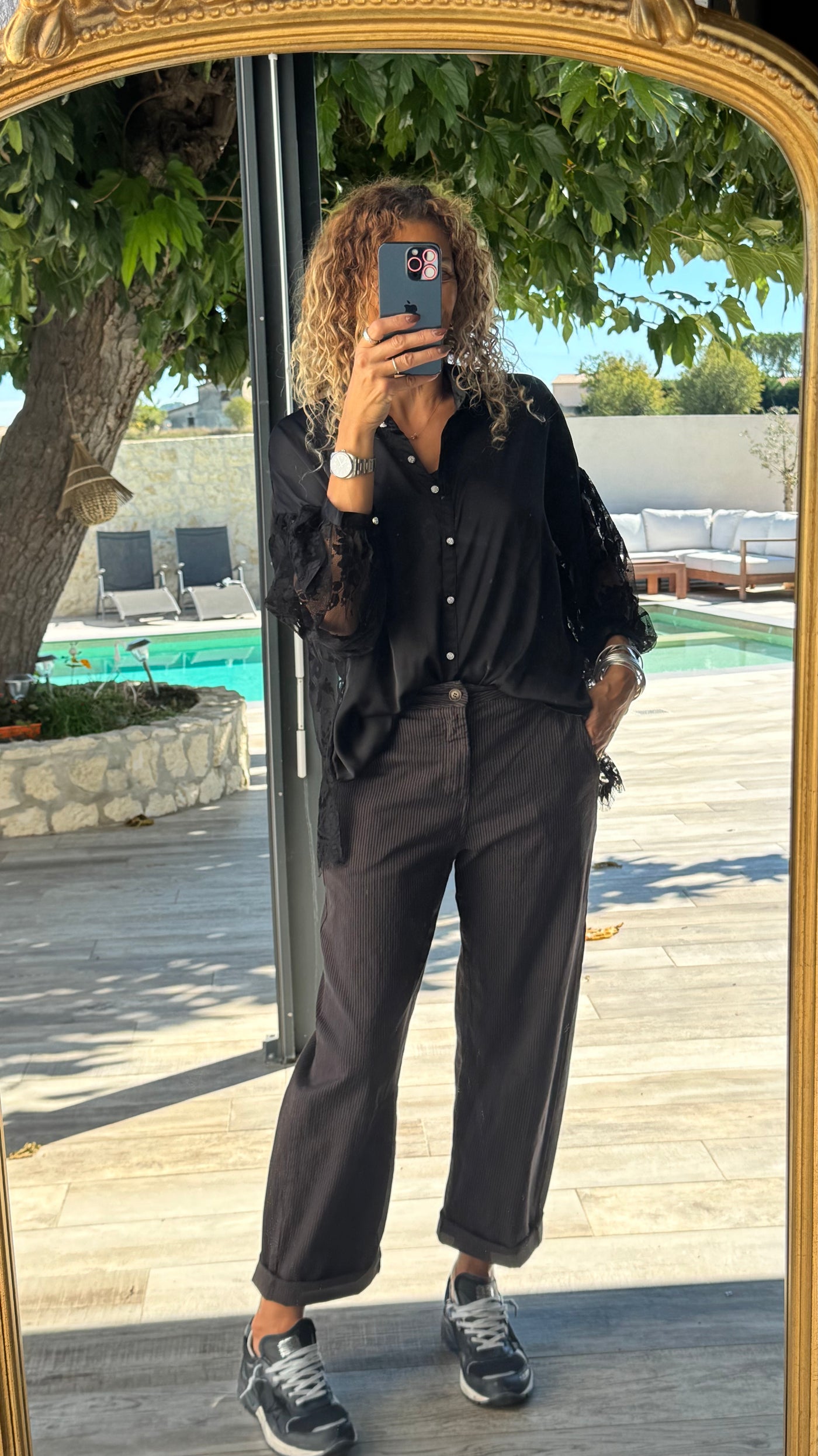 PANTALON DEBO A RAYURES CHOCO