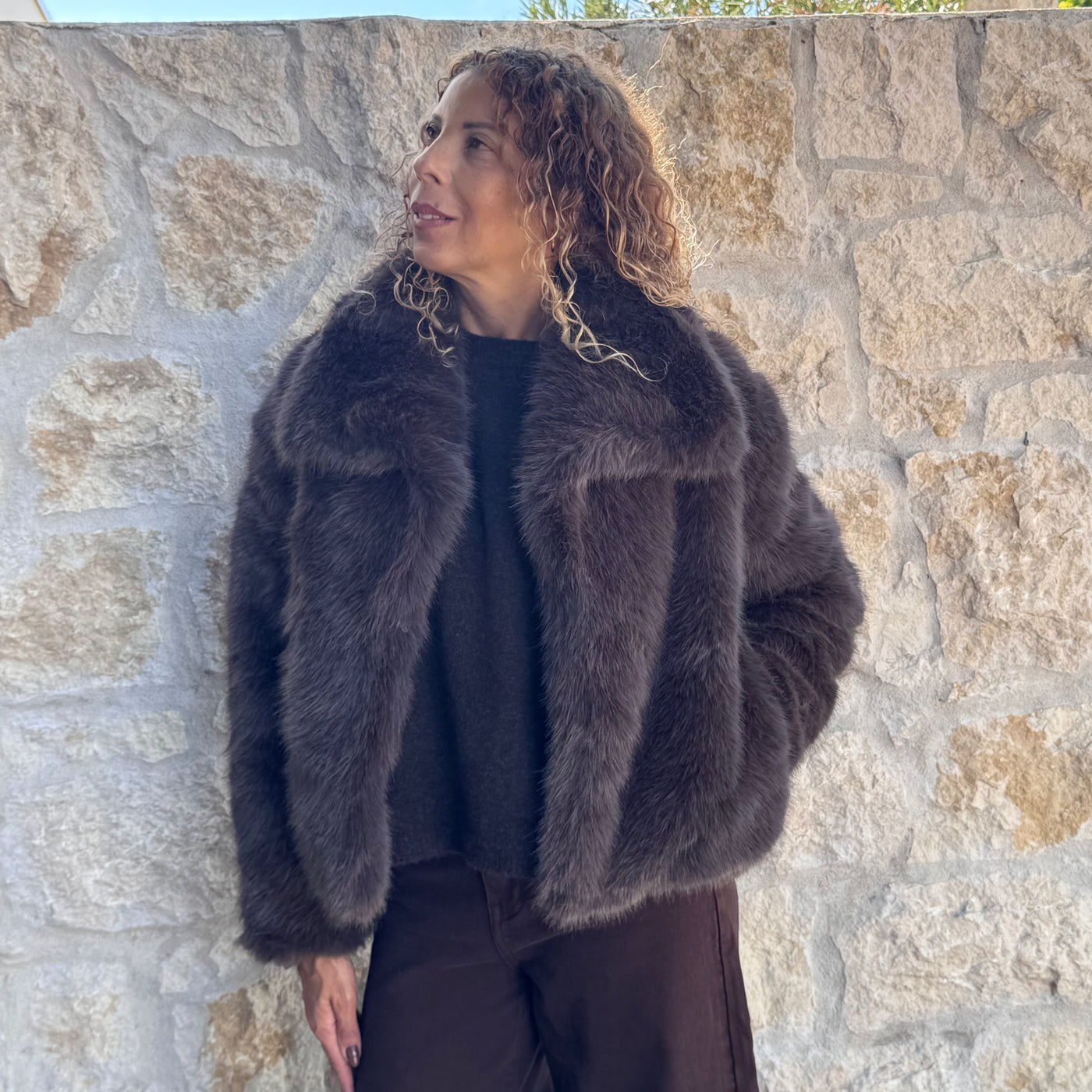 Veste COSY fausse fourrure marron/taupe
